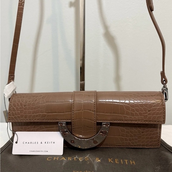Charles & Keith Handbags - Charles & Keith Croc-Embossed Crossbody Bag in Brown Faux Leather & Dust Bag